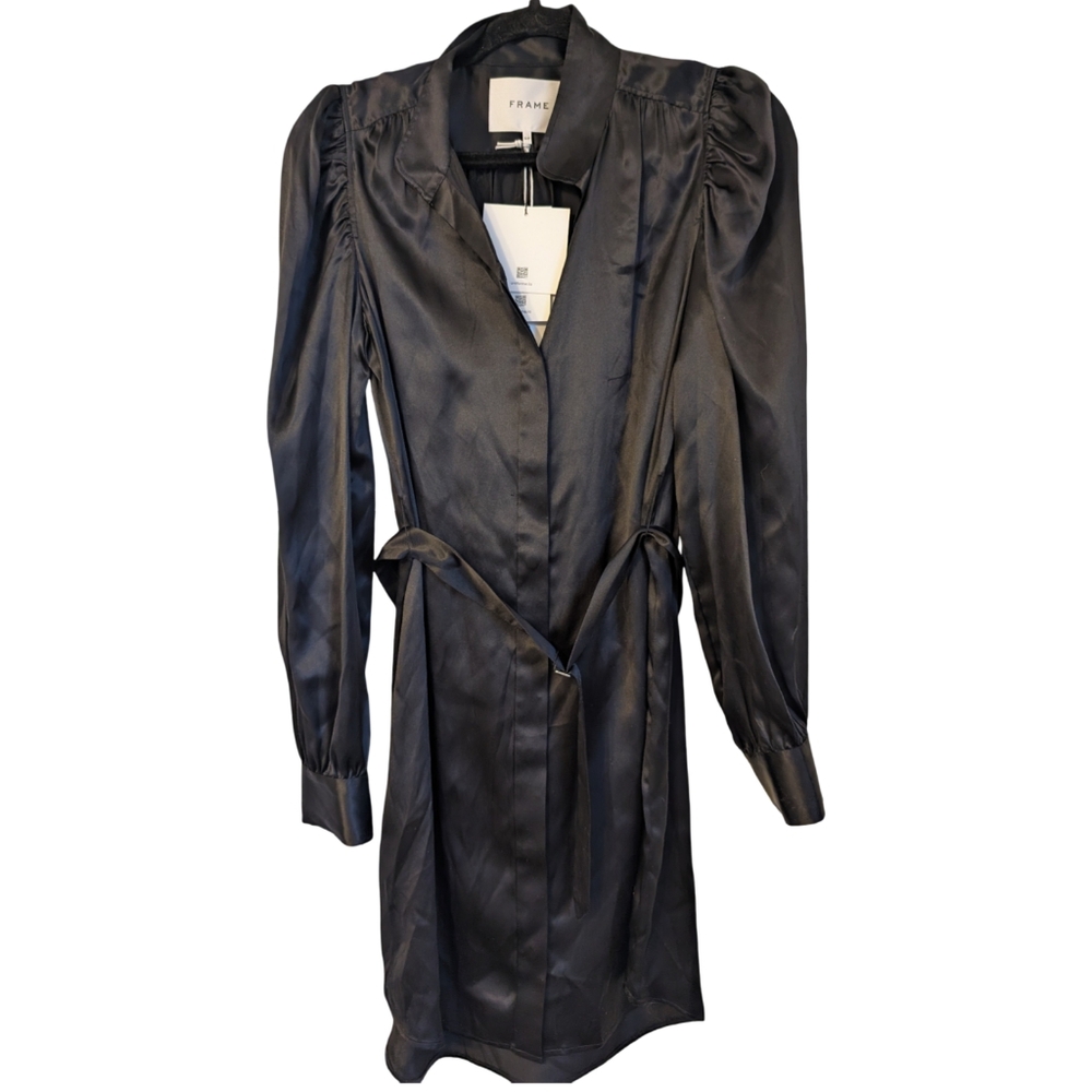 FRAME Gillian Silk Mini Shirt Dress Black Size Small NWT - Picture 2 of 12